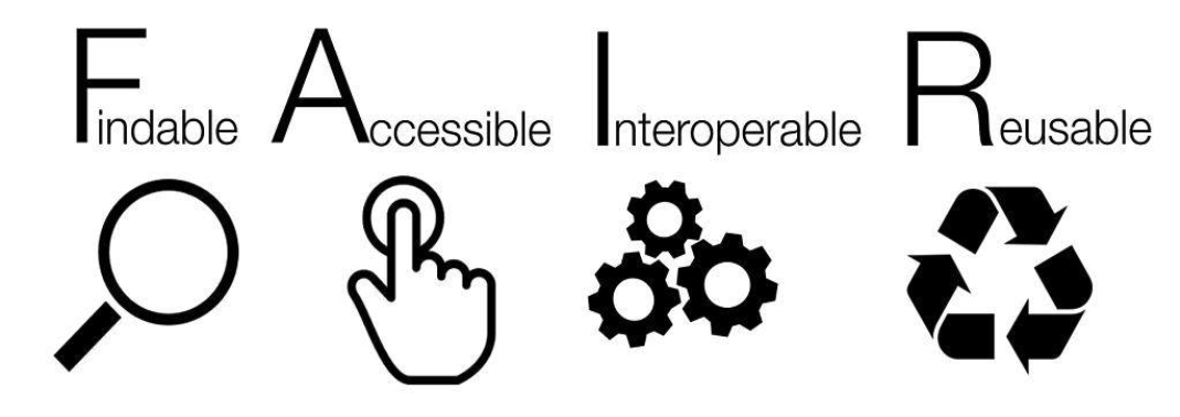 L'image montre les initiales FAIR, comme Findable, Accessible, Interoperable, Reusable