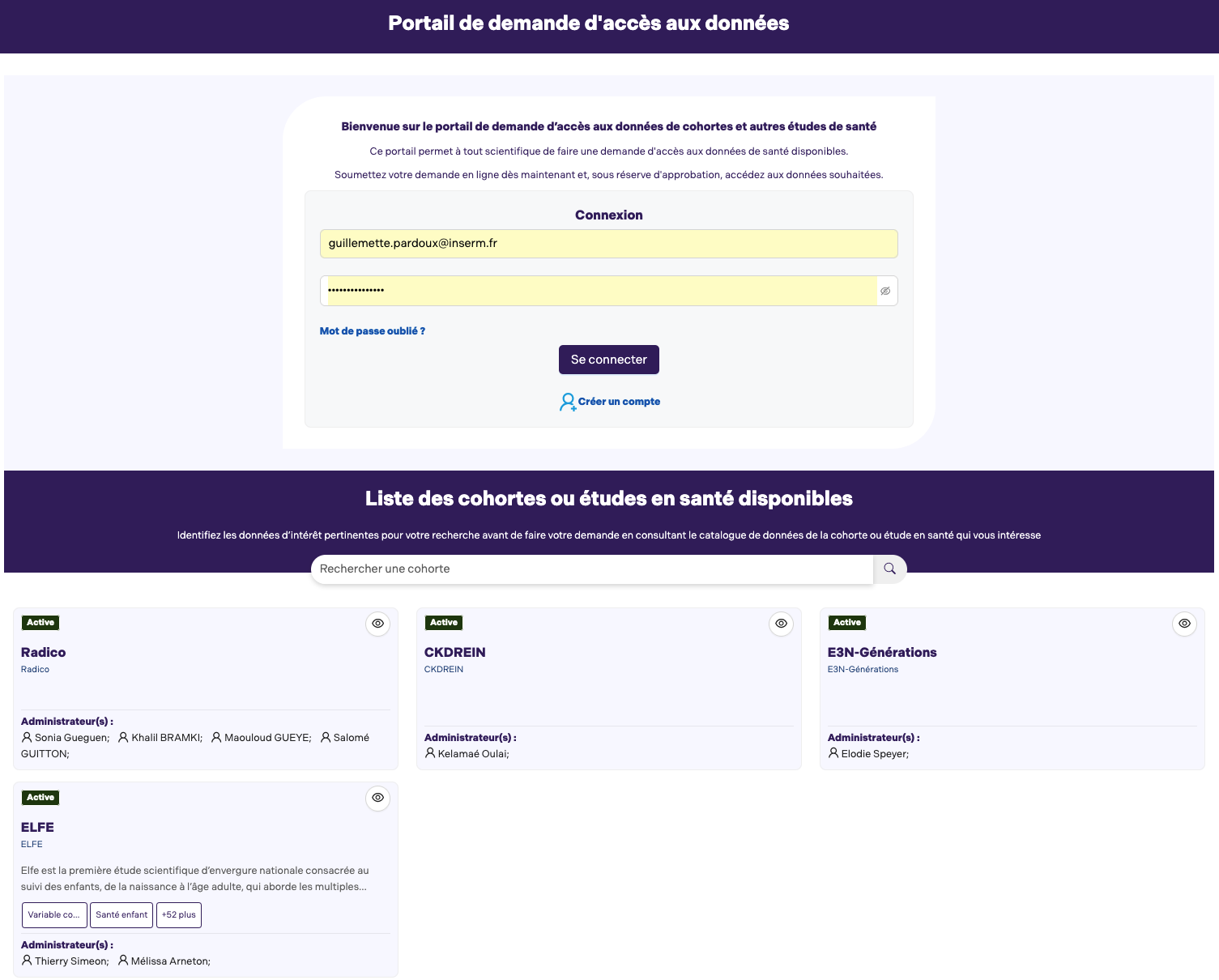 Vue de la page d'accueil du portail